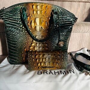 💚💛 EUC Brahmin Bayleaf Ombré Large Duxbury and Ady Wallet Set! 💛💚